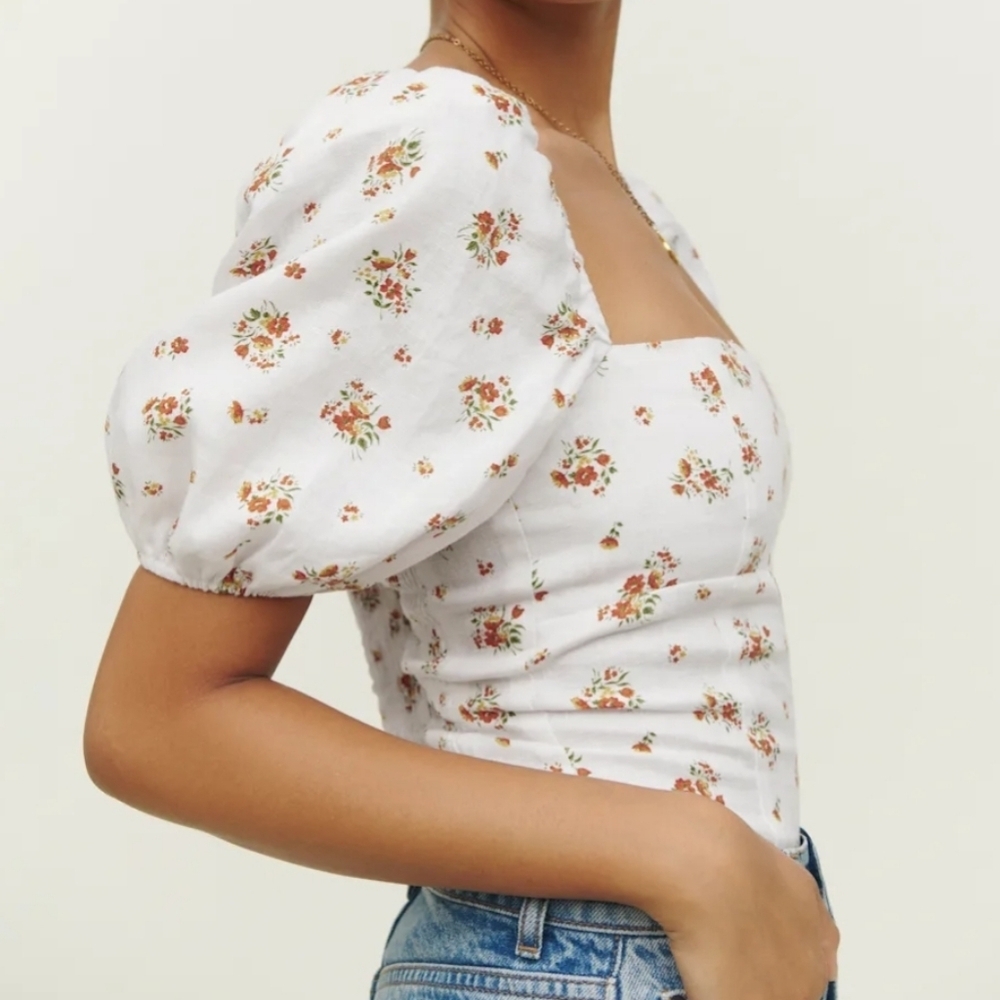 Reformation Romi White Floral Puff Sleeve Corset  Linen Cottagecore Milkmaid Top